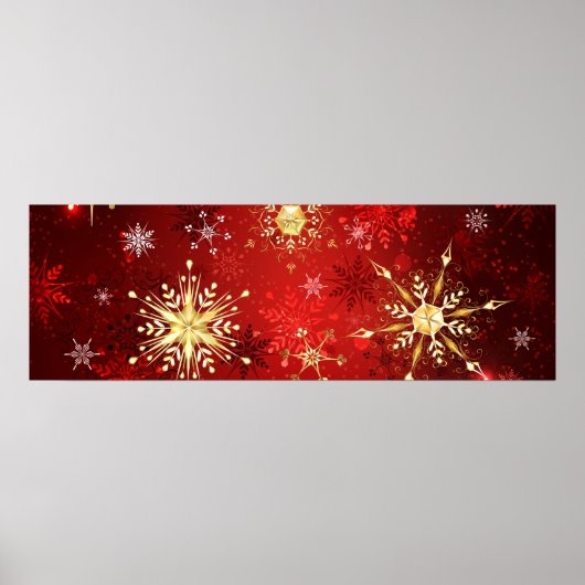 Kerstgouden sneeuwvlokken op rode achtergrond poster (Voorkant)