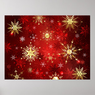 Kerstgouden sneeuwvlokken op rode achtergrond poster