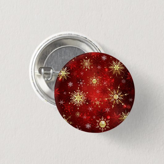 Kerstgouden sneeuwvlokken op rode achtergrond ronde button 3,2 cm (Voorkant /achterkant)