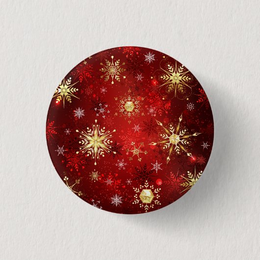 Kerstgouden sneeuwvlokken op rode achtergrond ronde button 3,2 cm (Voorkant)