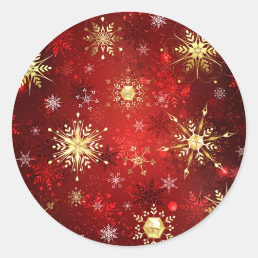 Kerstgouden sneeuwvlokken op rode achtergrond ronde sticker (Voorkant)