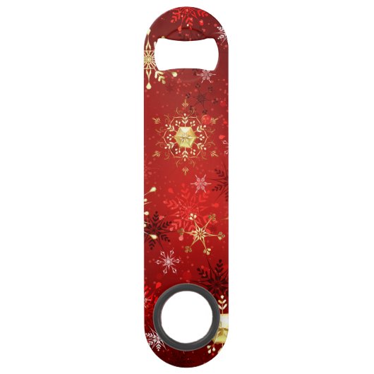 Kerstgouden sneeuwvlokken op rode achtergrond speed flessenopener (Voorkant)