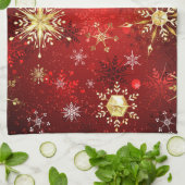 Kerstgouden sneeuwvlokken op rode achtergrond theedoek (Gevouwen)