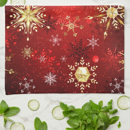 Kerstgouden sneeuwvlokken op rode achtergrond theedoek (Gevouwen)