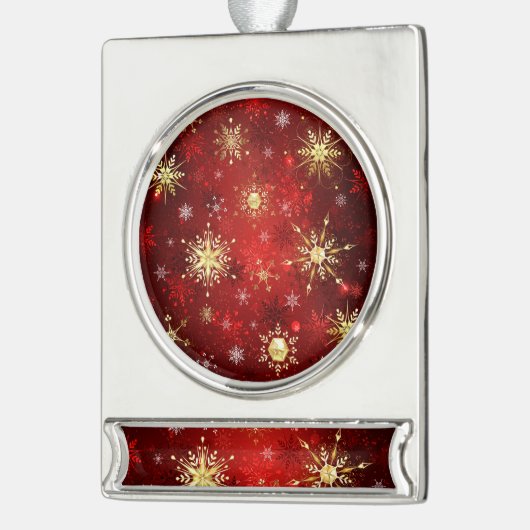 Kerstgouden sneeuwvlokken op rode achtergrond verzilverd banner ornament (Links)