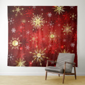 Kerstgouden sneeuwvlokken op rode achtergrond wandkleed (In Situ (horizontaal))
