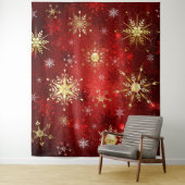 Kerstgouden sneeuwvlokken op rode achtergrond wandkleed (In situ)