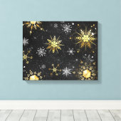 Kerstgouden sneeuwvlokken op zwarte achtergrond canvas afdruk (Insitu (Houten vloer))