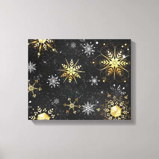 Kerstgouden sneeuwvlokken op zwarte achtergrond canvas afdruk (Voorkant)