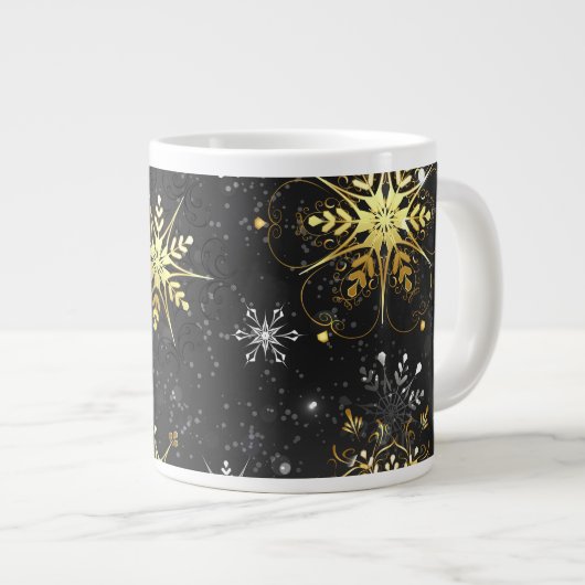 Kerstgouden sneeuwvlokken op zwarte achtergrond grote koffiekop (Voorkant rechts)