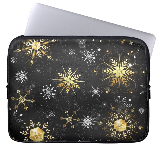 Kerstgouden sneeuwvlokken op zwarte achtergrond laptop sleeve (Voorkant)