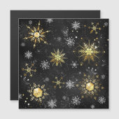 Kerstgouden sneeuwvlokken op zwarte achtergrond magnetische uitnodiging (Voorkant / Achterkant)