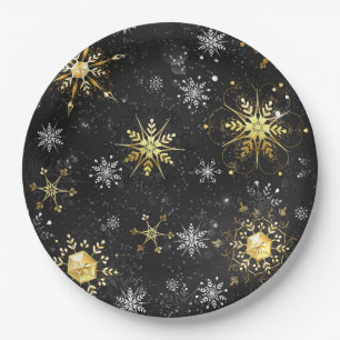 Kerstgouden sneeuwvlokken op zwarte achtergrond papieren bordje