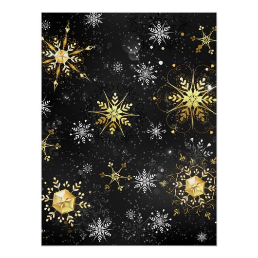 Kerstgouden sneeuwvlokken op zwarte achtergrond perfect poster (Voorkant)