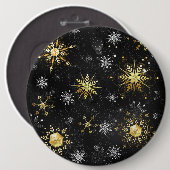 Kerstgouden sneeuwvlokken op zwarte achtergrond ronde button 6,0 cm (Voorkant /achterkant)