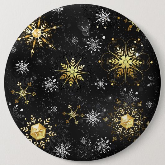 Kerstgouden sneeuwvlokken op zwarte achtergrond ronde button 6,0 cm (Voorkant)