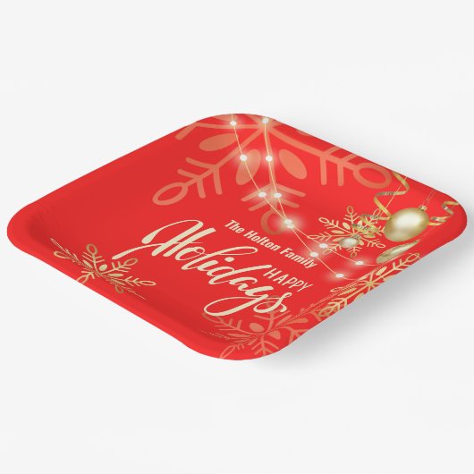 Kerstgouden sneeuwvlokken rood met kerstmis feestd papieren bordje (Gebogen)