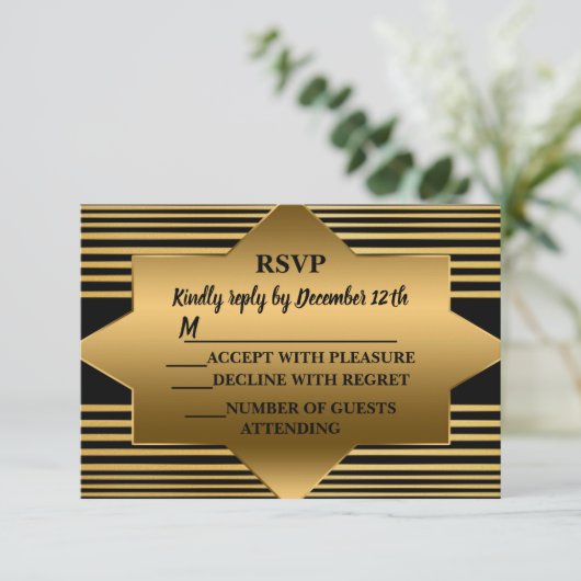 Kerstgouden zwarte geoometrische legant RSVP kaartje (Staand voorkant)