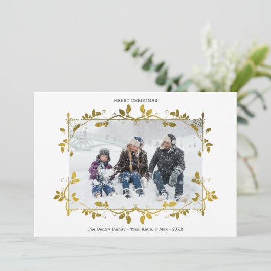 Kerstgoudkoorts Holly Border Single Photo Feestdagenkaart (Staand voorkant)
