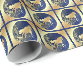 Kerstgoudpaard op blauw op gouden pleinen cadeaupapier (Rol Hoek)