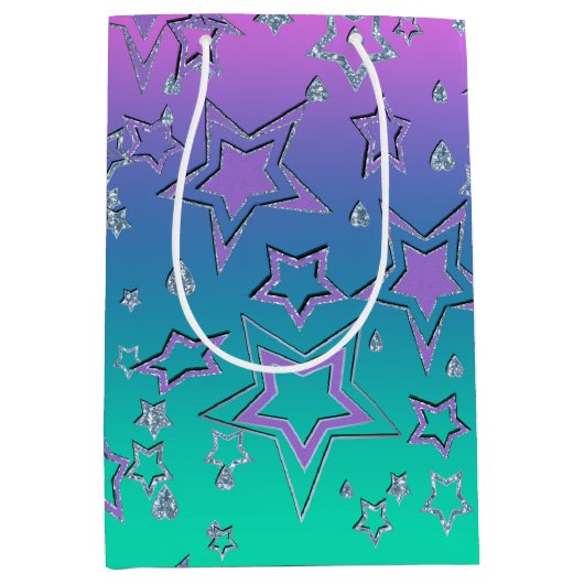 Kerstgradiënt glitter shine confetti sterren medium cadeauzakje (Voorkant)