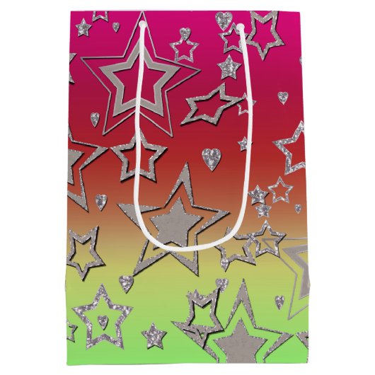 Kerstgradiënt glitter shine confetti sterren medium cadeauzakje (Achterkant)