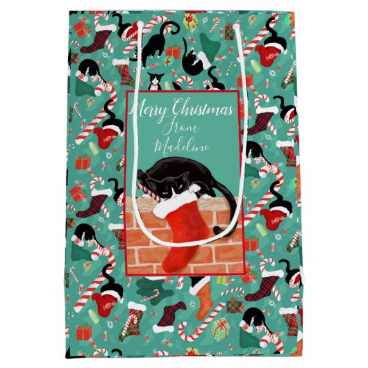 Kerstgrappige kat en stop op maat medium cadeauzakje (Achterkant)