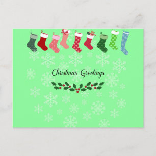 kerstgraten met sneeuwvlokken en kousen briefkaart