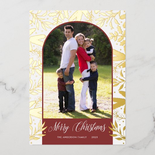 KerstGreenery Arched Photo Real Gold Folie Feestdagenkaart (Voorkant)