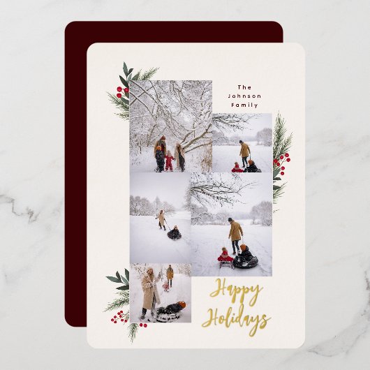 KerstGreenery Berry Lijst 5 Foto Folie Feestdagenkaart (Voorkant / Achterkant)