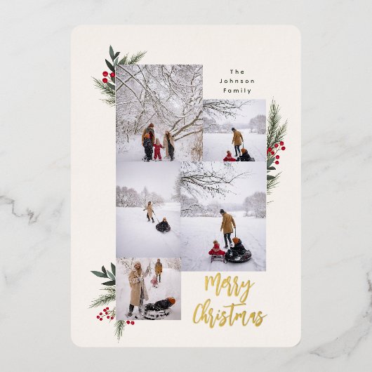 KerstGreenery Berry Lijst 5 Foto Folie Feestdagenkaart (Voorkant)