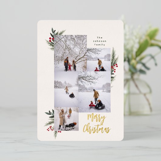 KerstGreenery Berry Lijst 5 Foto Folie Feestdagenkaart (Staand Voorkant)