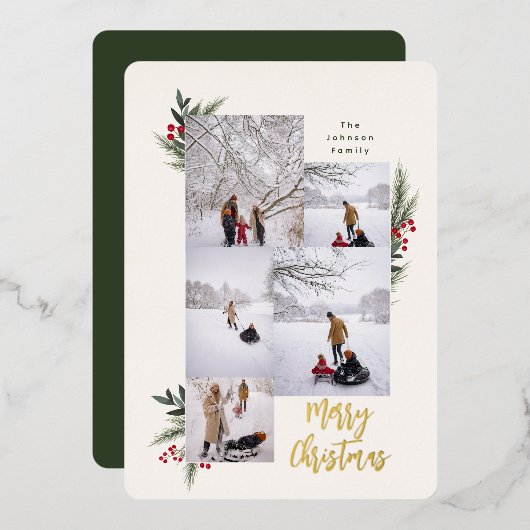 KerstGreenery Berry Lijst 5 Foto Folie Feestdagenkaart (Voorkant / Achterkant)