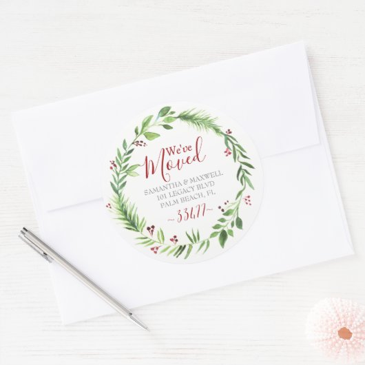 KerstGreenery Moving Announcement Ronde Sticker (Envelop)