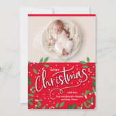 KerstGreenery Red Foto geboorteaankondigingen Feestdagenkaart (Voorkant)