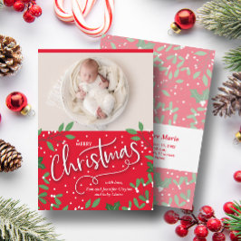KerstGreenery Red Foto geboorteaankondigingen Feestdagenkaart