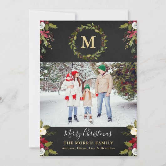 KerstGreenery Wreath Monogram Foto Feestdagenkaart (Voorkant)