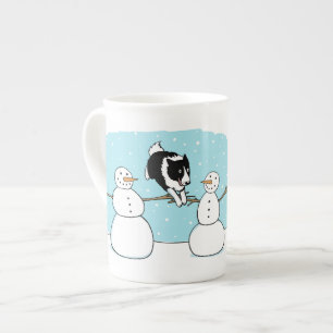 Kerstgrens Collie Agilityhond met Sneeuwmannen Porselein Kop
