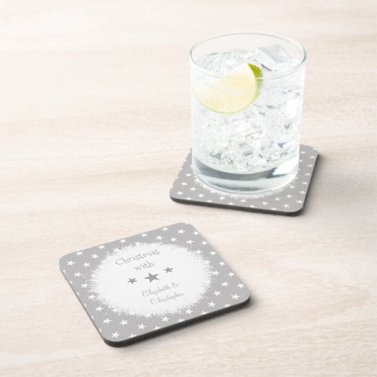 Kerstgrijs en wit met sterren en namen bier onderzetter (Rechterzijde)