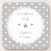 Kerstgrijs en wit met sterren en namen bier onderzetter (Voorkant)