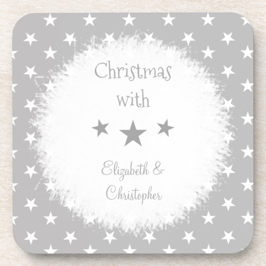 Kerstgrijs en wit met sterren en namen bier onderzetter (Voorkant)