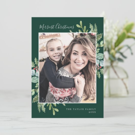 Kerstgrijs groene kerstfoto feestdagenkaart (Staand voorkant)