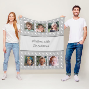 Kerstgrijs met witte sterren foto's familienaam fleece deken