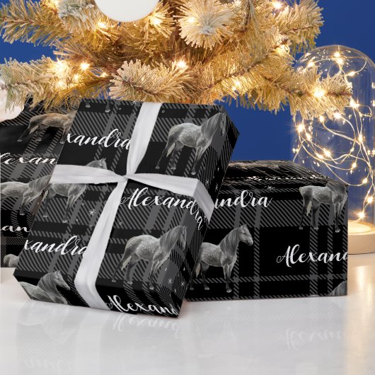 kerstgrijs paardenpaardje gepersonaliseerd cadeaupapier (Feestdagen)