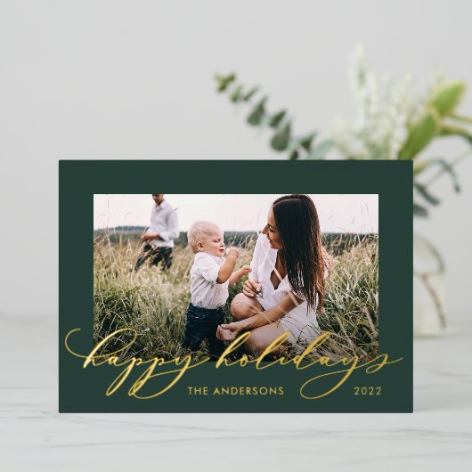 Kerstgroen 1 foto botanisch script folie feestdagenkaart (Staand Voorkant)