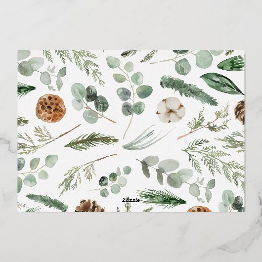 Kerstgroen 1 foto botanisch script folie feestdagenkaart (Achterkant)