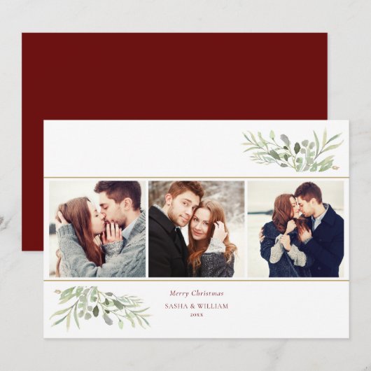 Kerstgroen 3 Foto Collage Feestdagenkaart (Voorkant / Achterkant)