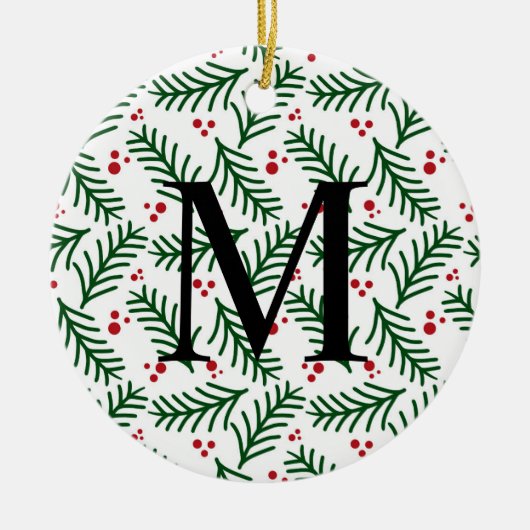 Kerstgroen Bessen INITIËLE Moderne Feestdagen Keramisch Ornament (Voorkant)