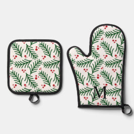 Kerstgroen Bessen INITIËLE Moderne Kerst Ovenwant & Pannenlap Set
