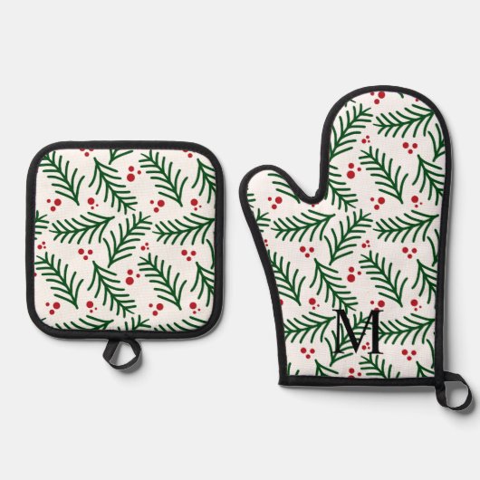 Kerstgroen Bessen INITIËLE Moderne Kerst Ovenwant & Pannenlap Set (Voorkant)